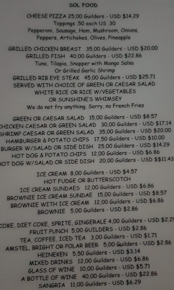 Sol Food Menu Curaçao